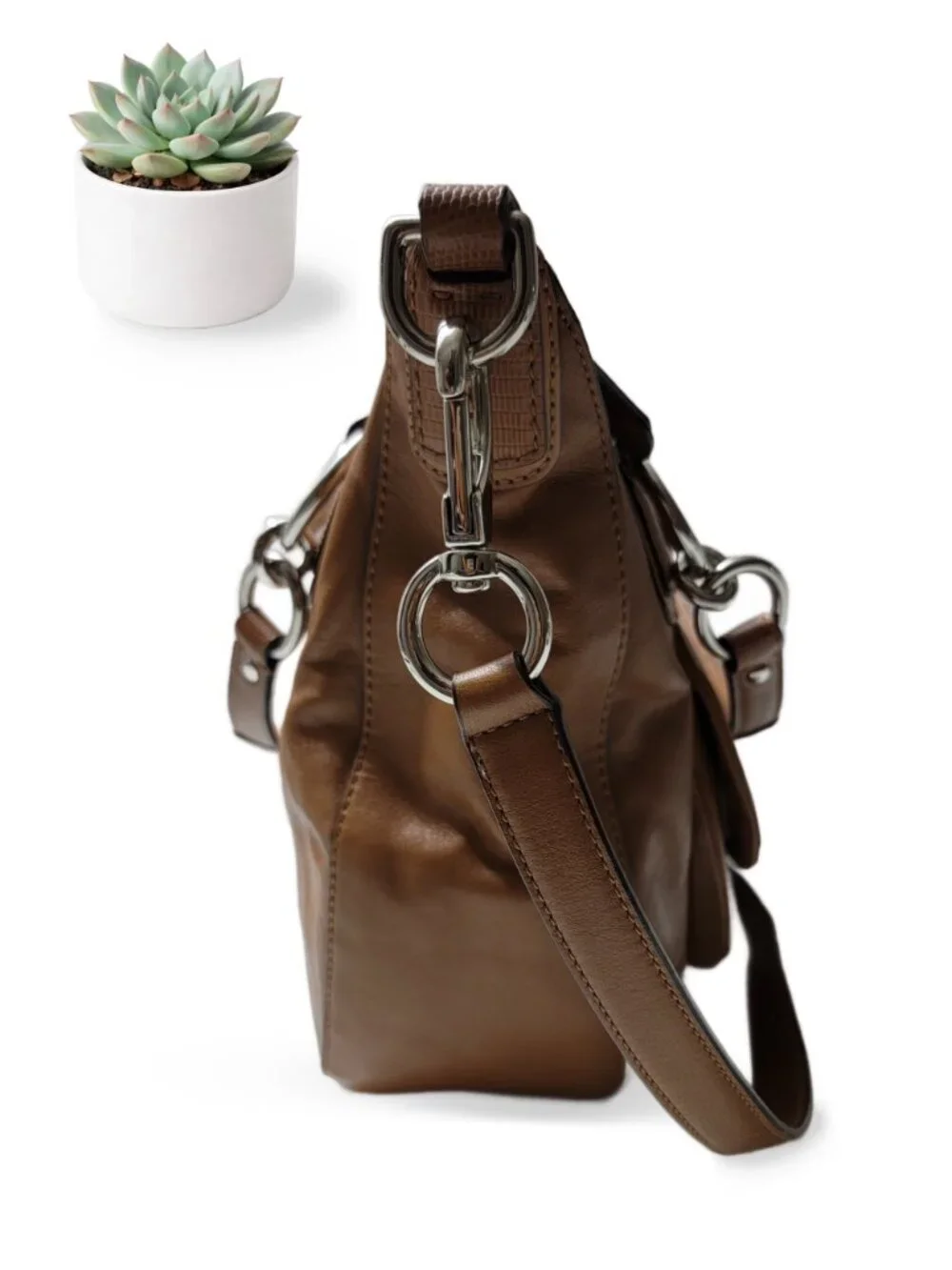Coach Kristin Round Satchel Leather Hobo Shoulder Bag Brown Large Silver Clasp